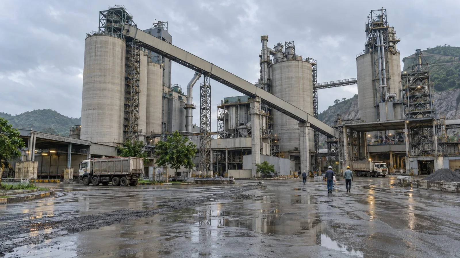 Cement silos and an enclosed conveyor stand at the grinding unit in Limla, Gujarat (AI-generated image / EconoTimes)