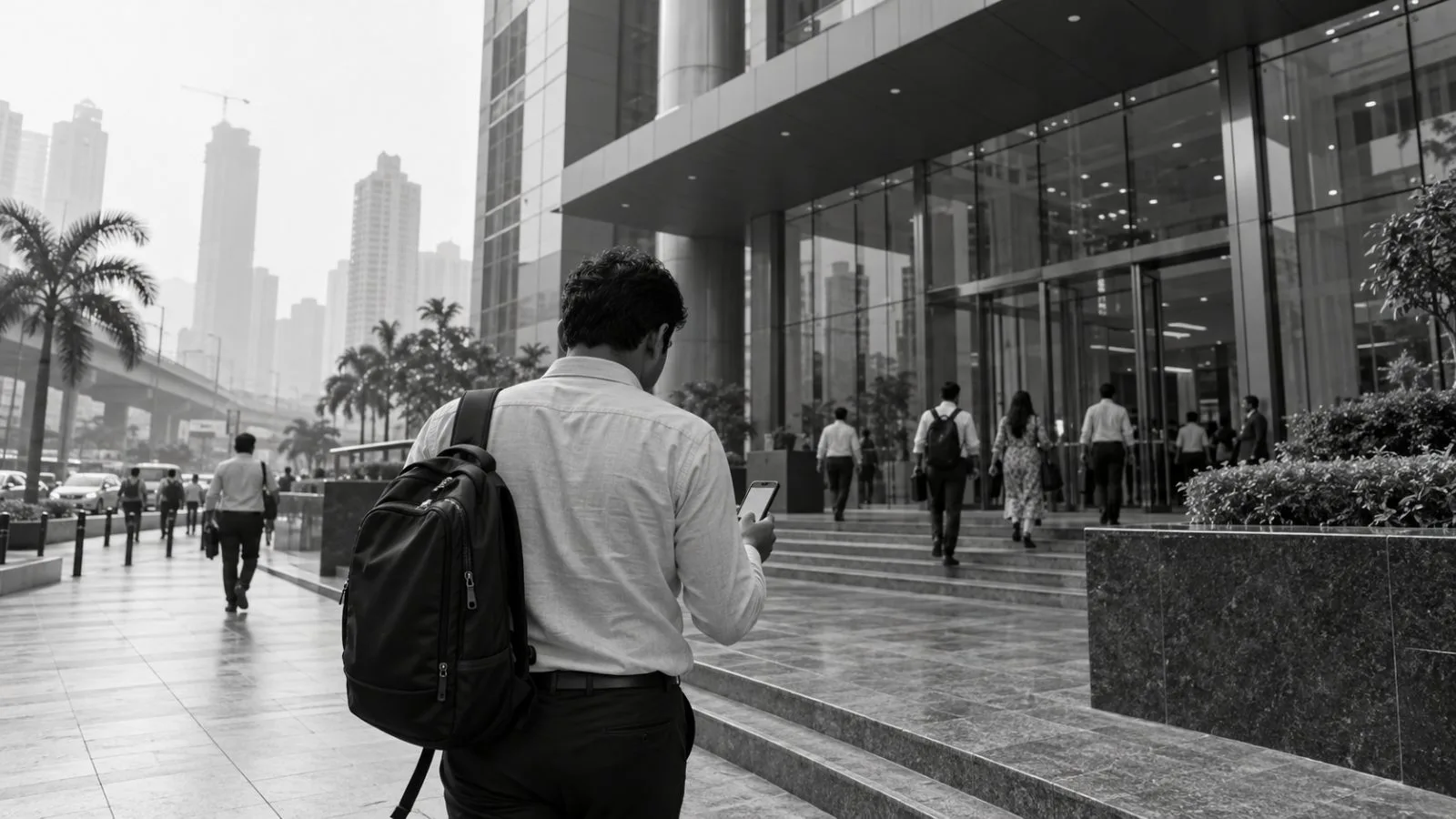 A commuter checks a smartphone outside a commercial office tower in Mumbai, India. (AI-generated image / EconoTimes)