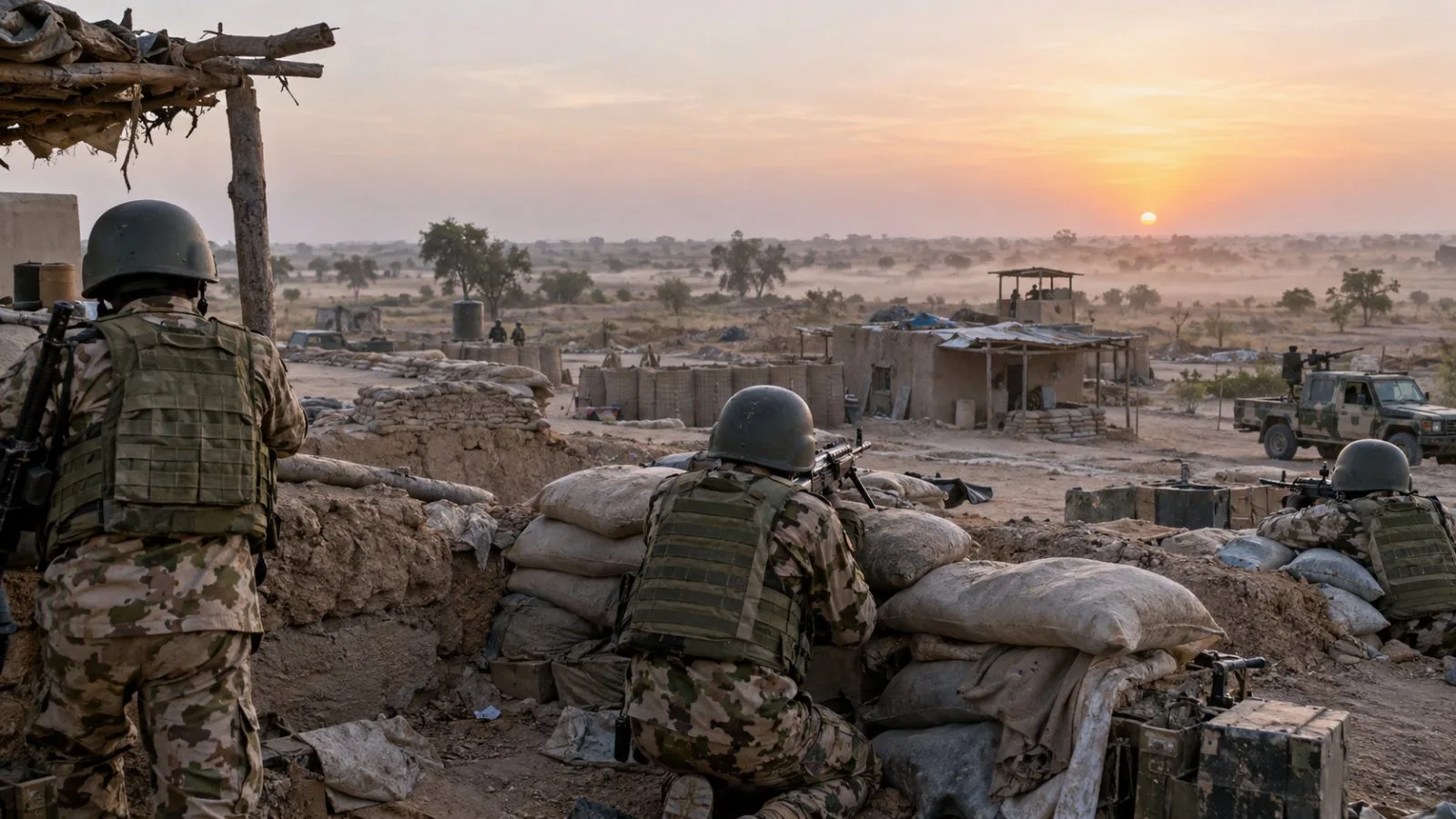 Soldiers hold a defensive position near Bitta in Borno State, Nigeria. (AI-generated image / EconoTimes)