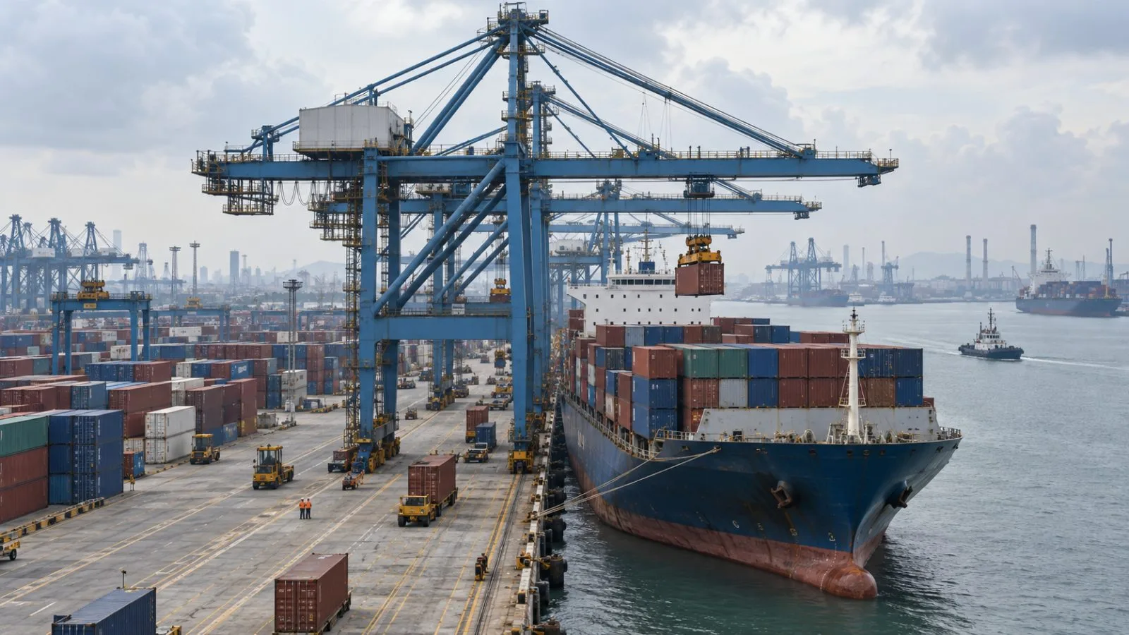 Cranes load containers onto a cargo vessel at Port Klang, Malaysia. (AI-generated image / EconoTimes)