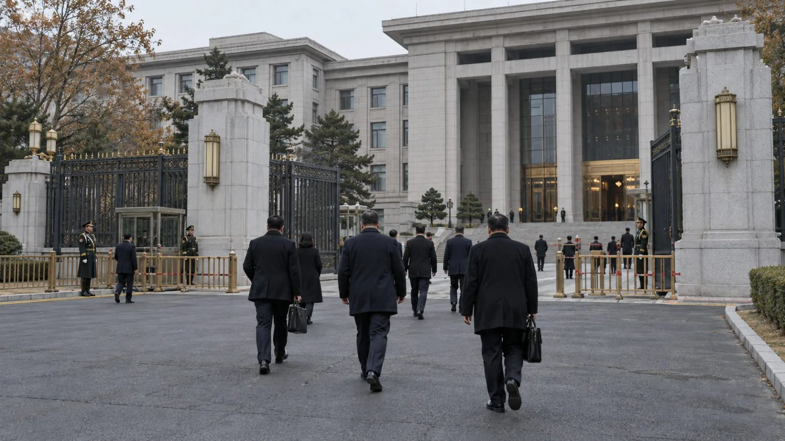 A guarded conference venue entrance in Beijing, China, ahead of the Communist Party plenum (AI-generated image / EconoTimes)