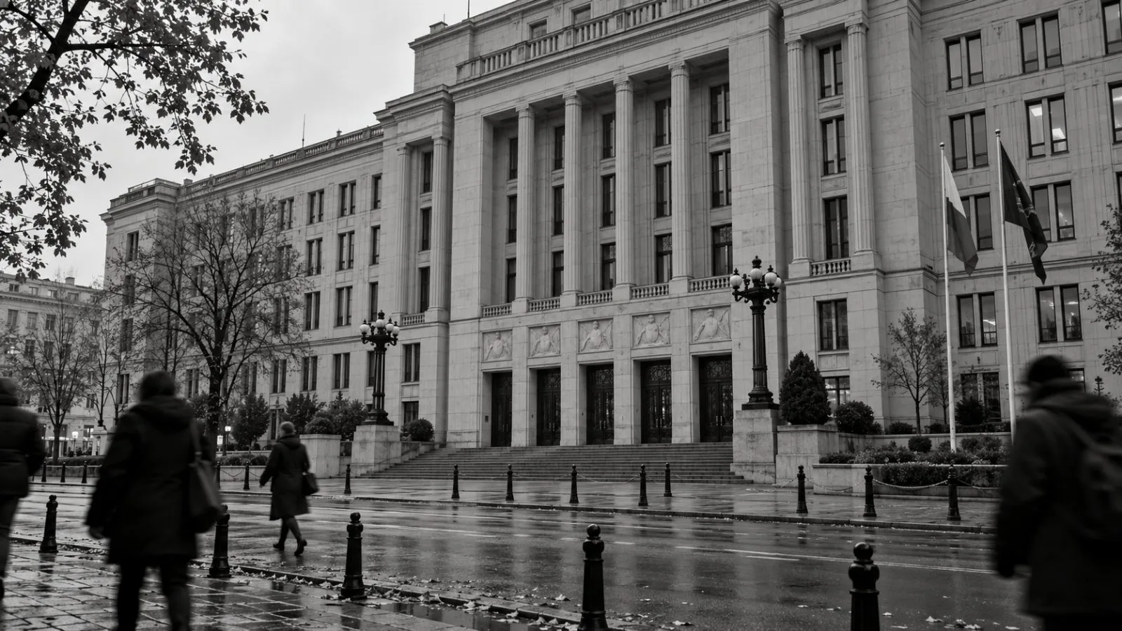 Pedestrians pass Poland’s Ministry of Finance in Warsaw on an overcast autumn morning. (AI-generated image / EconoTimes)
