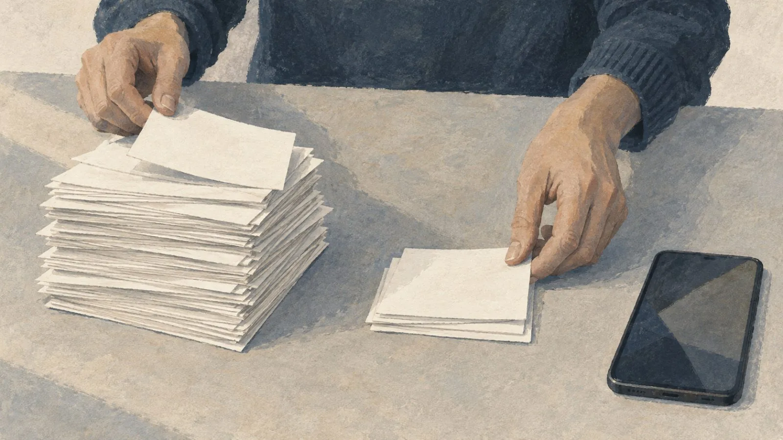 Anonymous hands sort blank trading slips beside a phone in a dim interior. (AI-generated image / EconoTimes)