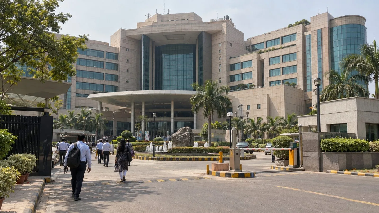 Office workers pass the entrance of Deendayal Urja Bhawan in Vasant Kunj, New Delhi. (AI-generated image / EconoTimes)