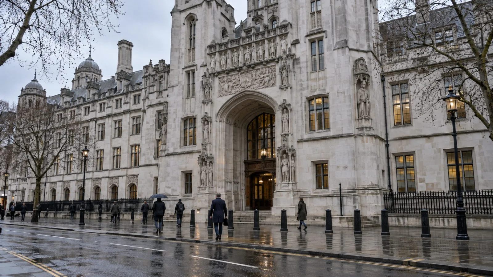 Pedestrians pass the Ministry of Justice headquarters in Westminster, London, on a rainy morning. (AI-generated image / EconoTimes)