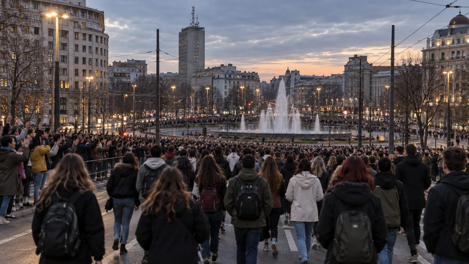 Crowds welcome student marchers on a street in Belgrade, Serbia. (AI-generated image / EconoTimes)
