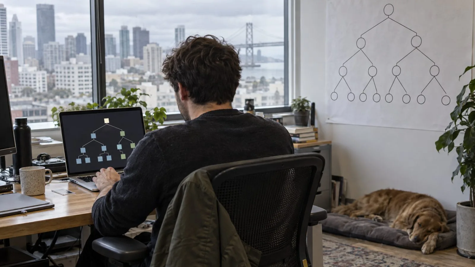 A developer reviews a branching Bitcoin balance tree model at a software workspace in San Francisco. (AI-generated image / EconoTimes)