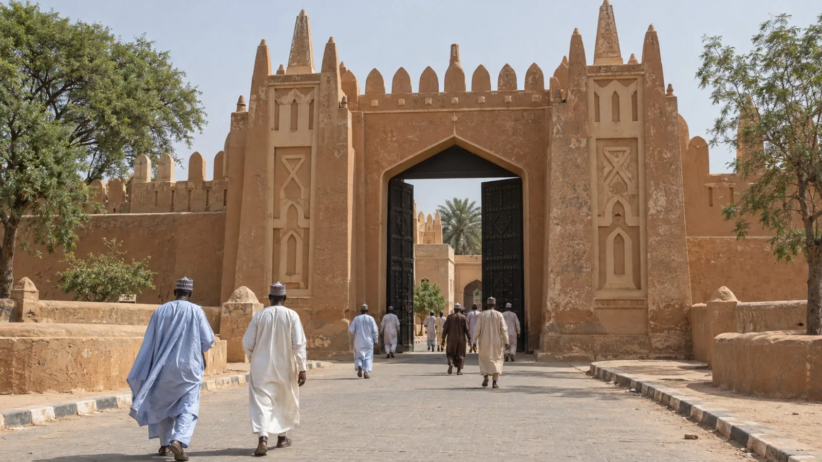 Visitors approach the Emir’s palace gate in Katsina, Nigeria, under bright morning light. (AI-generated image / EconoTimes)
