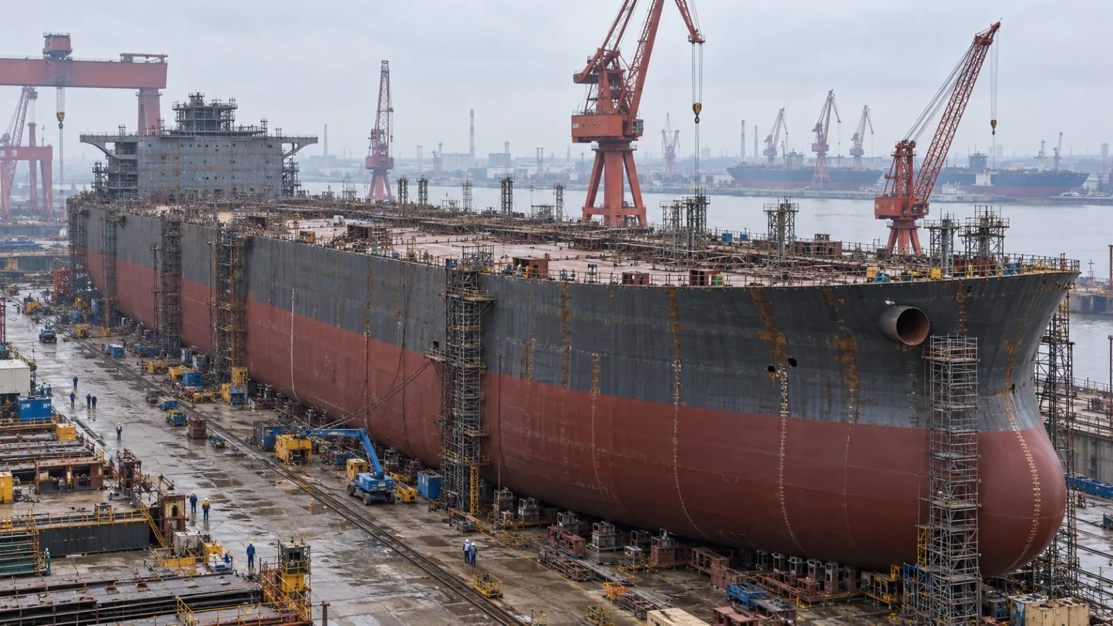 A crude carrier hull takes shape at New Times Shipyard in Jingjiang, China (AI-generated image / EconoTimes)