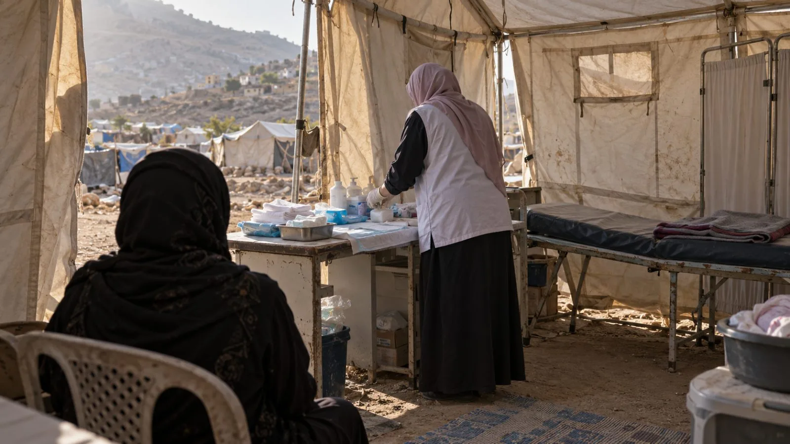 A midwife arranges maternal supplies in a displacement-site clinic in Taiz, Yemen. (AI-generated image / EconoTimes)