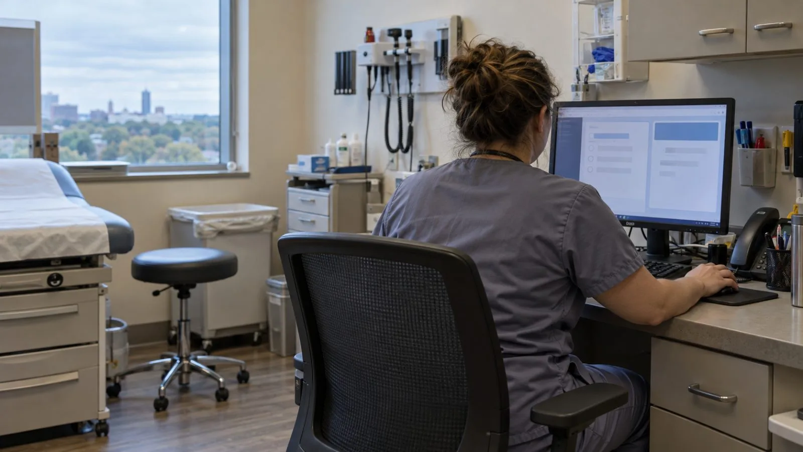 A clinic worker reviews a patient questionnaire at NKC Health in North Kansas City, Missouri. (AI-generated image / EconoTimes)