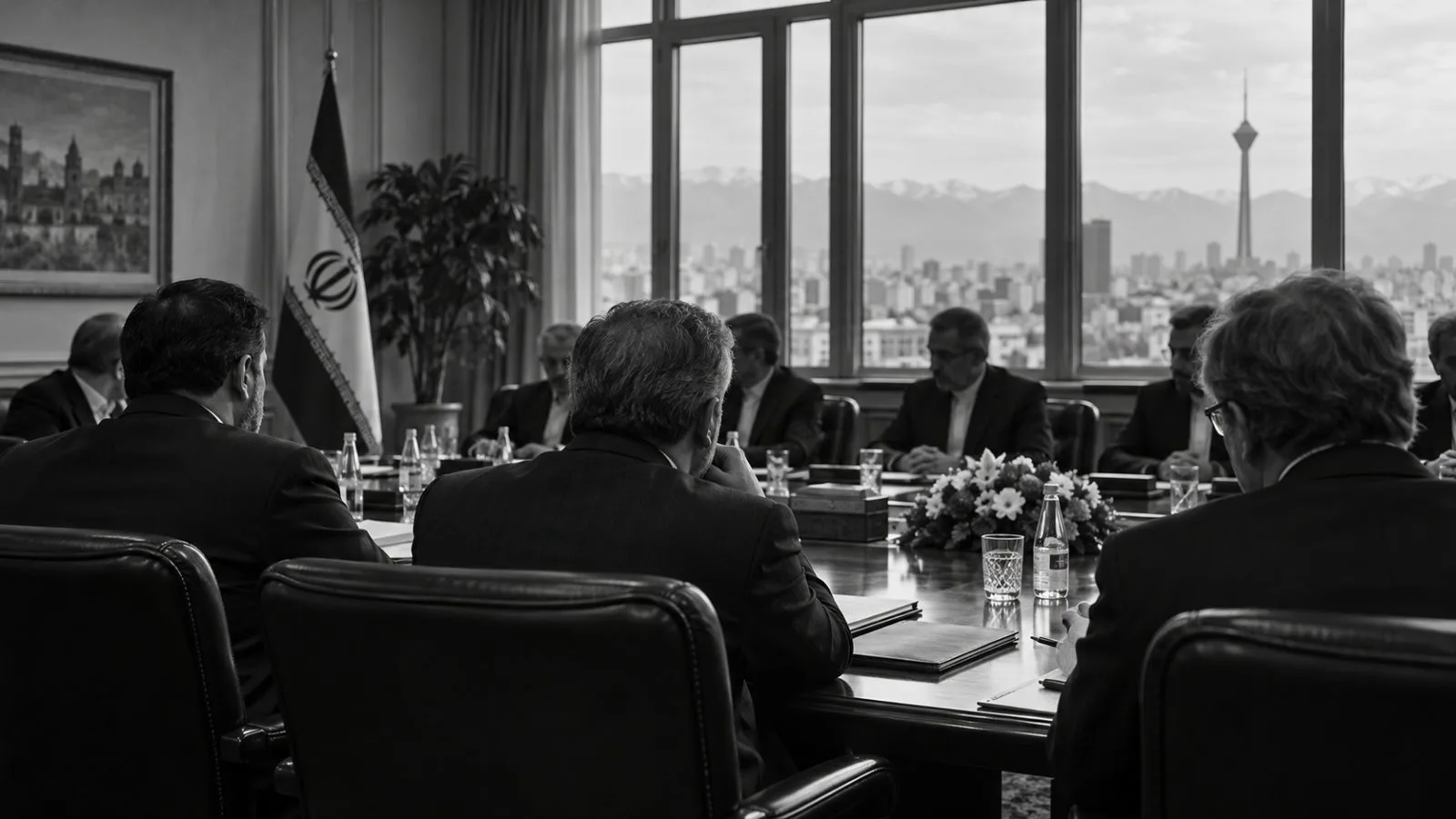 Delegations meet in a government conference room in Tehran, Iran, during bilateral talks (AI-generated image / EconoTimes)