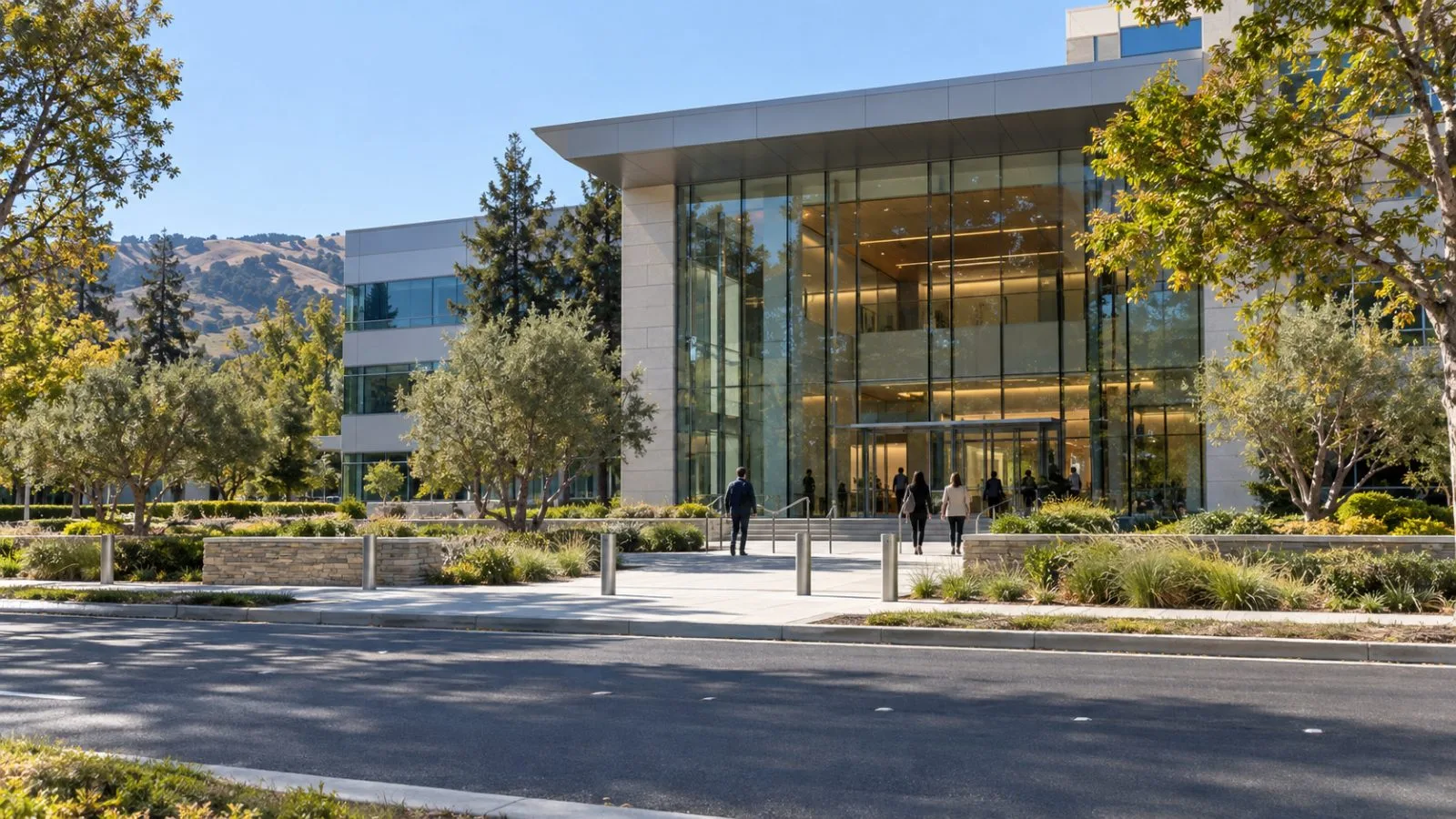 Employees enter a corporate office building in San Ramon, California, on a clear morning. (AI-generated image / EconoTimes)