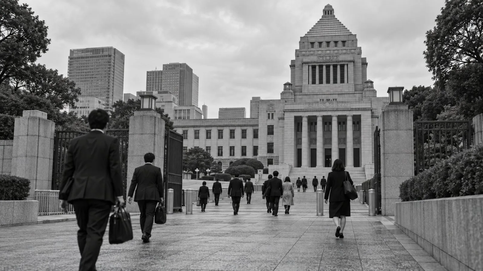 People walk toward the National Diet building in Tokyo under overcast skies. (AI-generated image / EconoTimes)