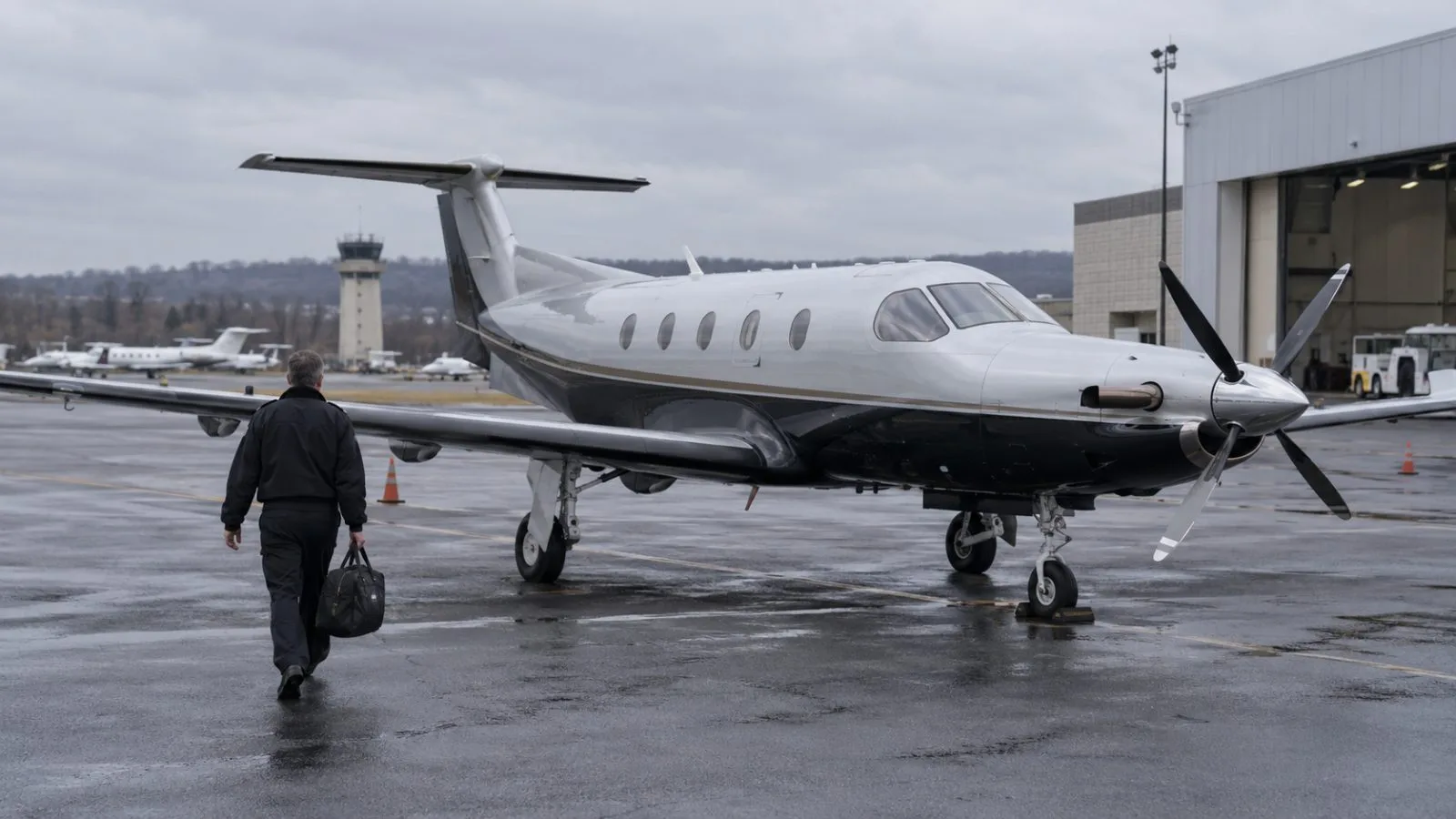 A Pilatus PC-12 sits on the ramp at Westchester County Airport in West Harrison, New York (AI-generated image / EconoTimes)