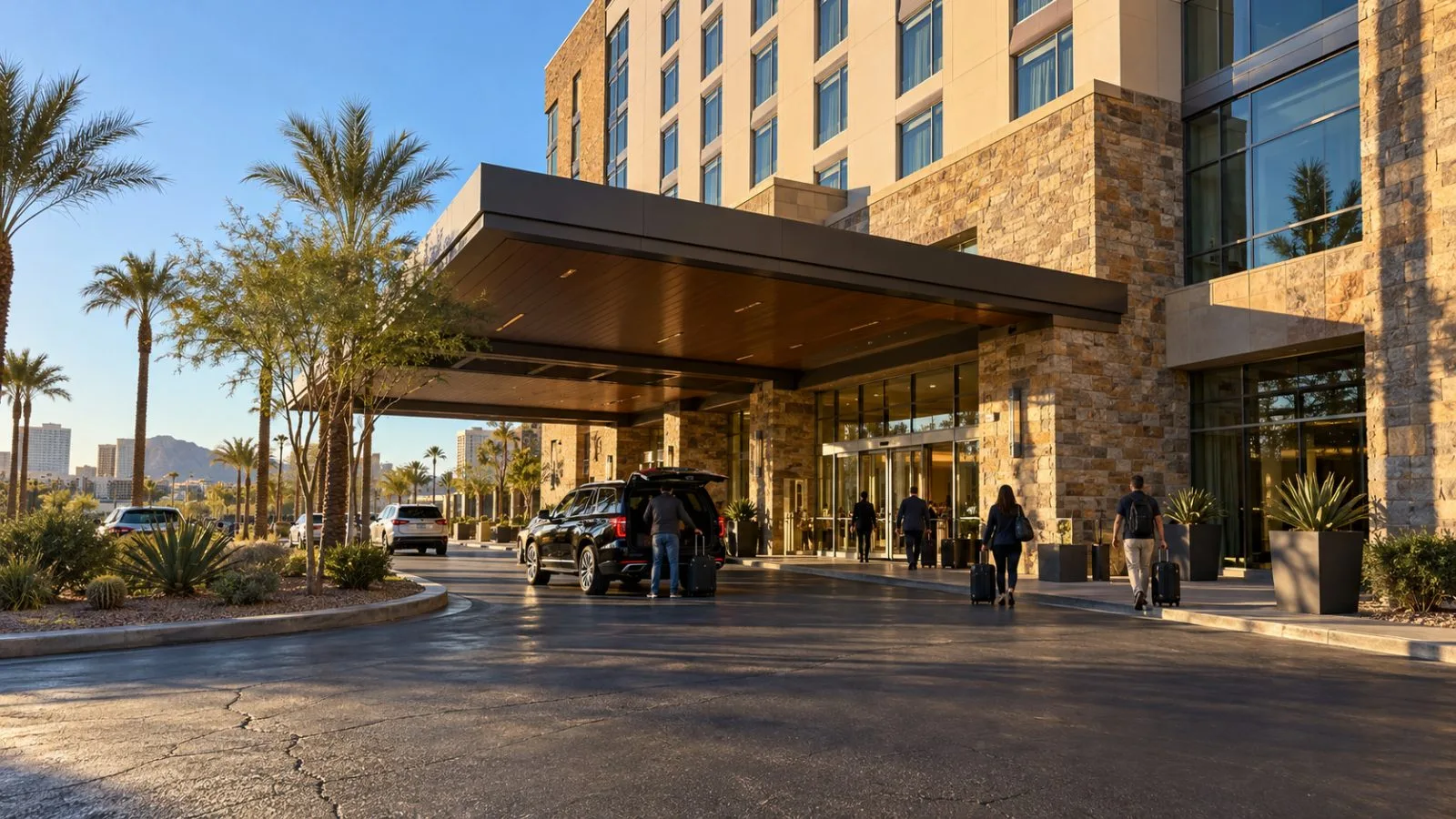 Travelers arrive beneath a covered hotel entrance in Phoenix, Arizona. (AI-generated image / EconoTimes)