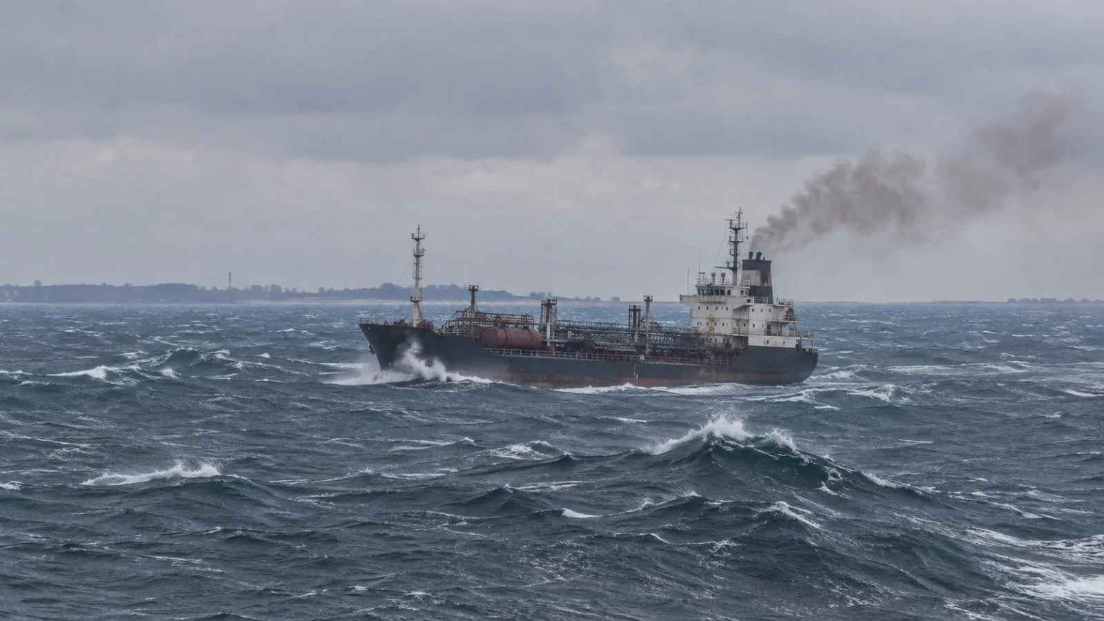 A chemical tanker sends smoke into the sky off Sulina on Romania’s Black Sea coast (AI-generated image / EconoTimes)
