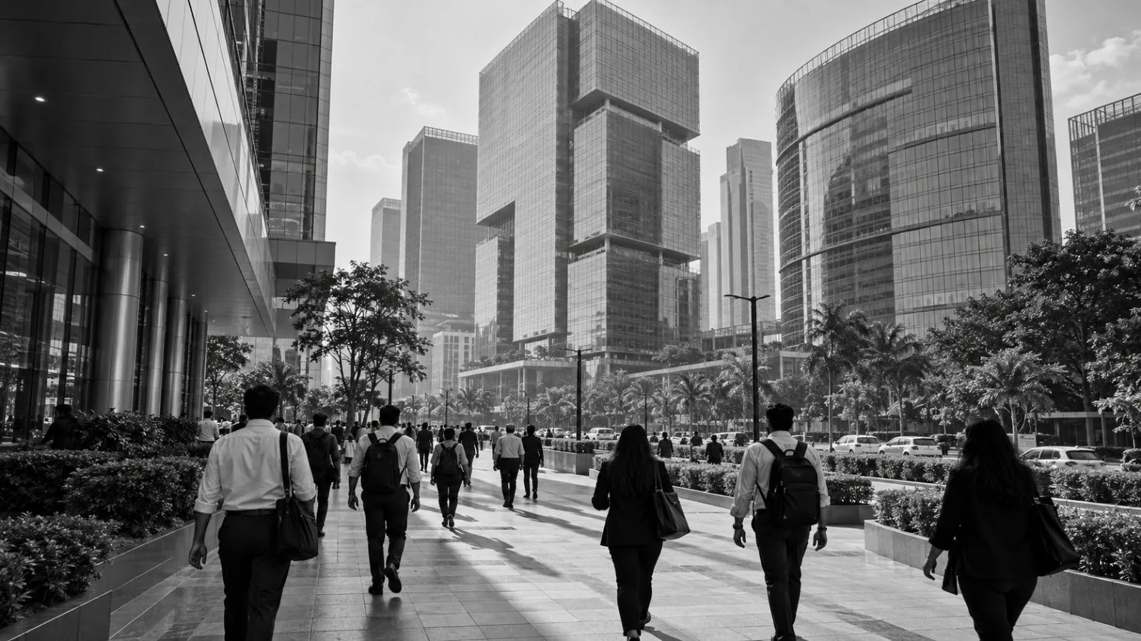 Office workers walk toward commercial towers in Mumbai’s Bandra Kurla Complex. (AI-generated image / EconoTimes)