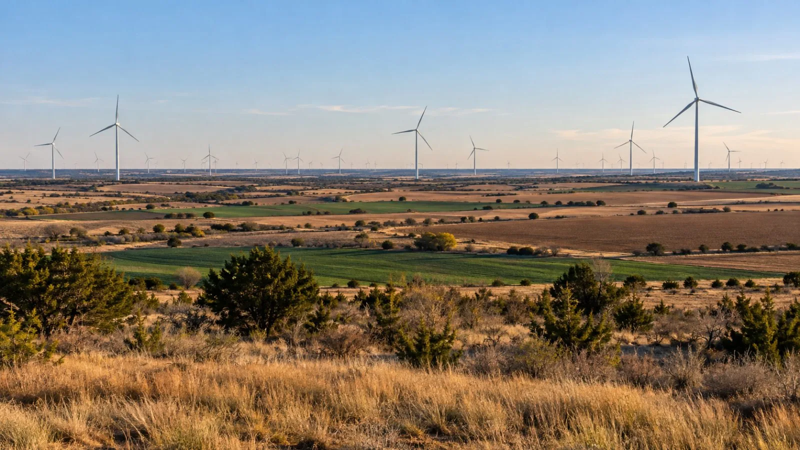 Wind turbines stand beyond open land near Silverton, Texas, in afternoon light. (AI-generated image / EconoTimes)