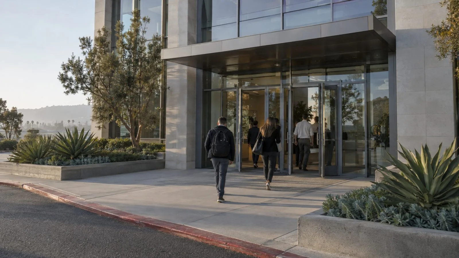 Employees enter a corporate office on Innovation Drive in San Diego, California. (AI-generated image / EconoTimes)