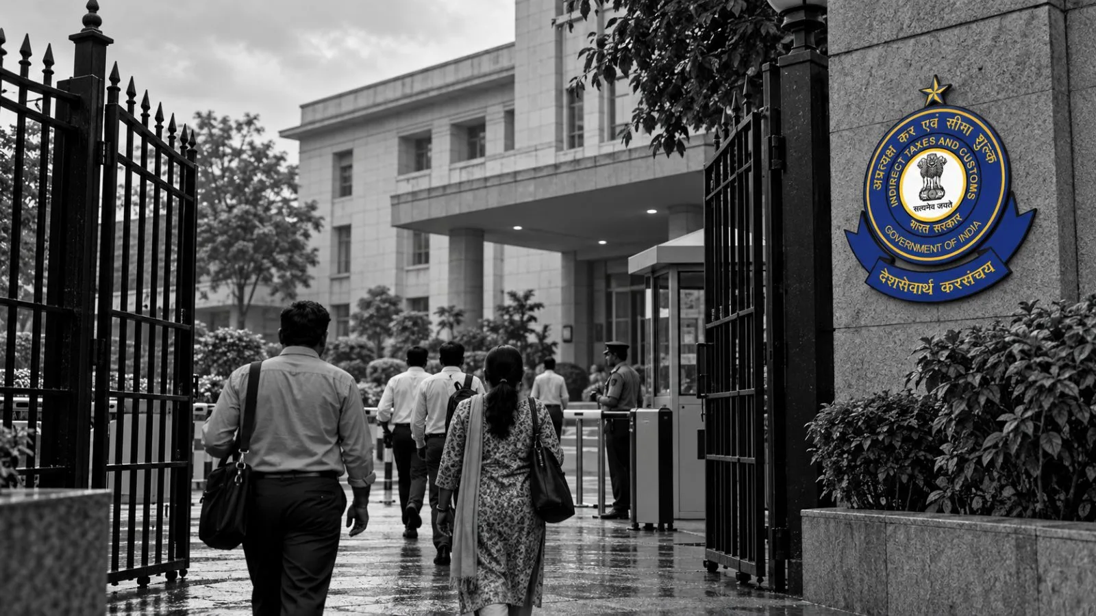 Visitors pass the entrance of India's central tax administration headquarters in New Delhi. / EconoTimes.ai