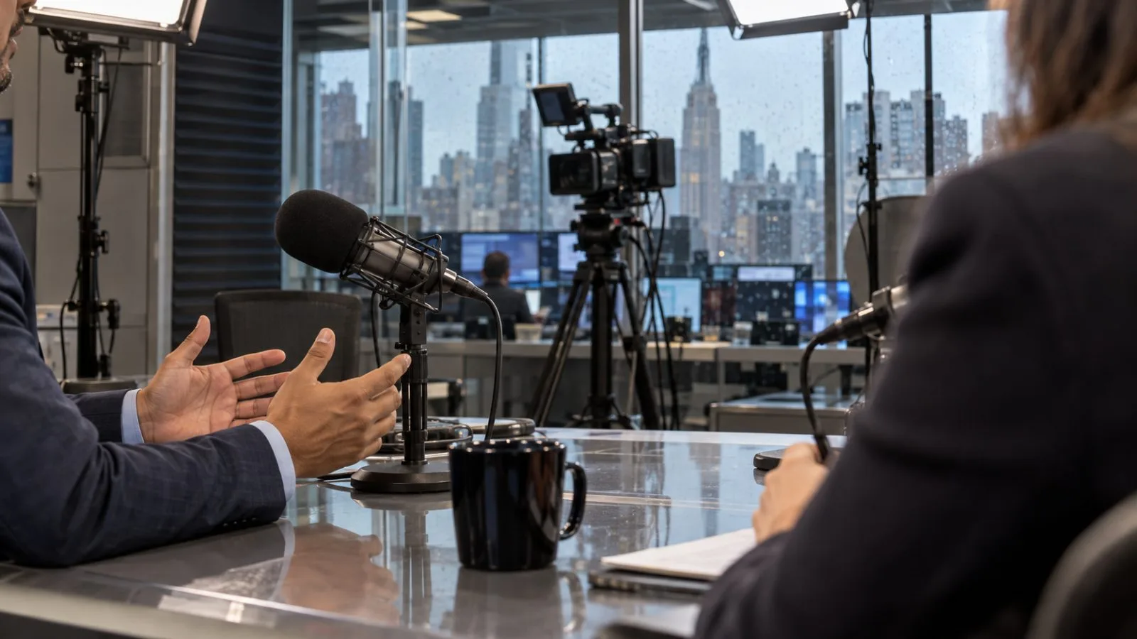 A television guest speaks during a political interview in a New York City studio. (AI-generated image / EconoTimes)