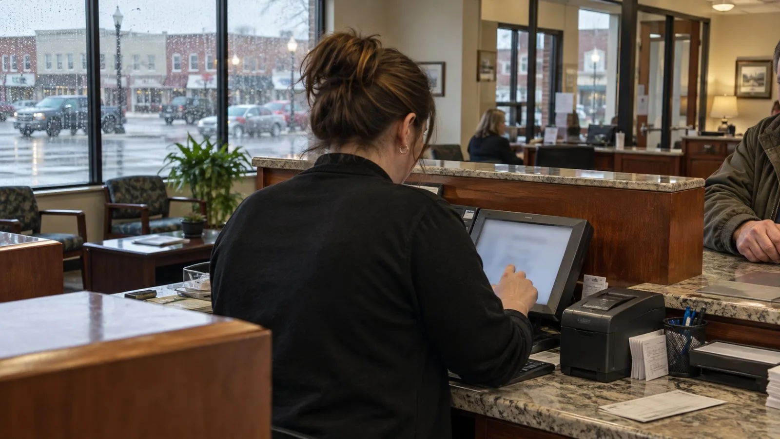 A bank employee processes a customer deposit at a community branch in Monett, Missouri. (AI-generated image / EconoTimes)
