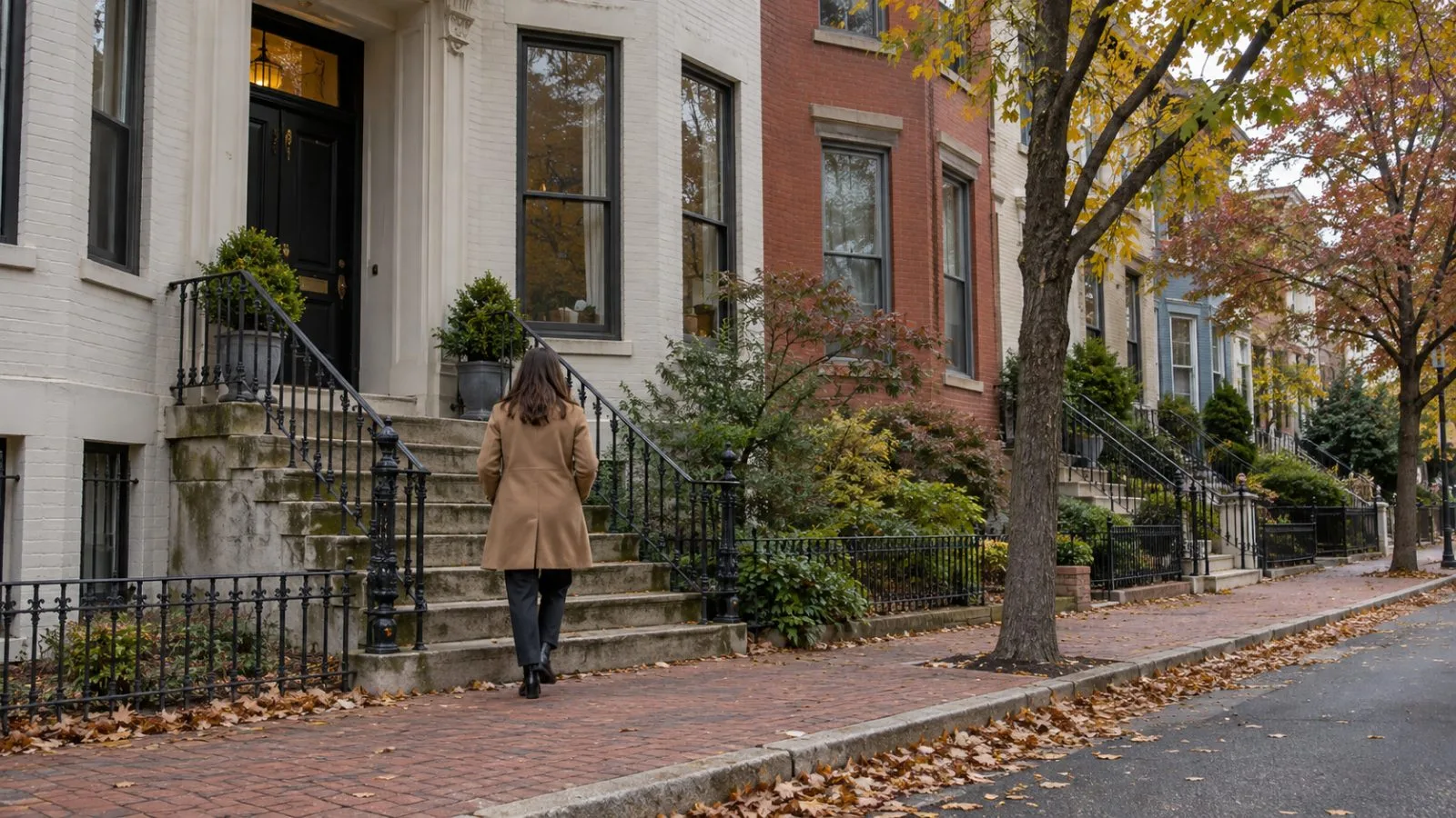 A visitor approaches a row house in Washington, D.C., on an overcast morning. (AI-generated image / EconoTimes)