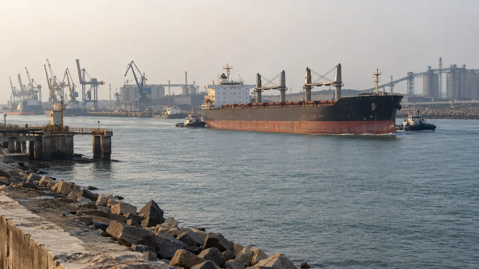 A bulk carrier passes the Tuna Tekra waterfront near Kandla, Gujarat. (AI-generated image / EconoTimes)