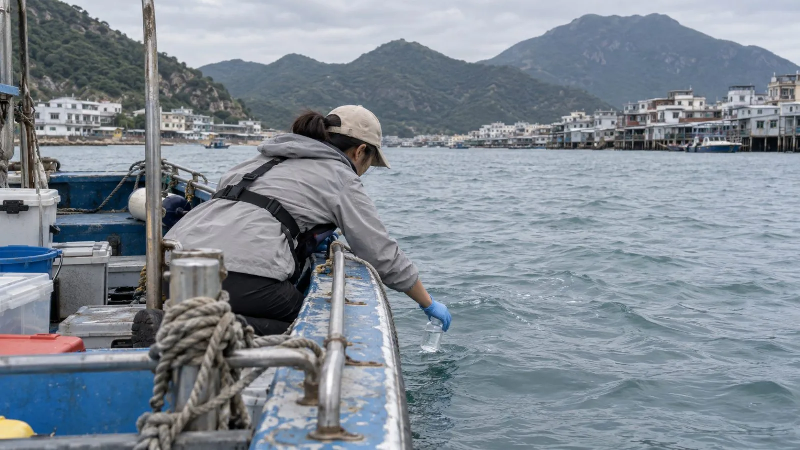 A researcher collects seawater samples from a boat off Tai O, Hong Kong (AI-generated image / EconoTimes)