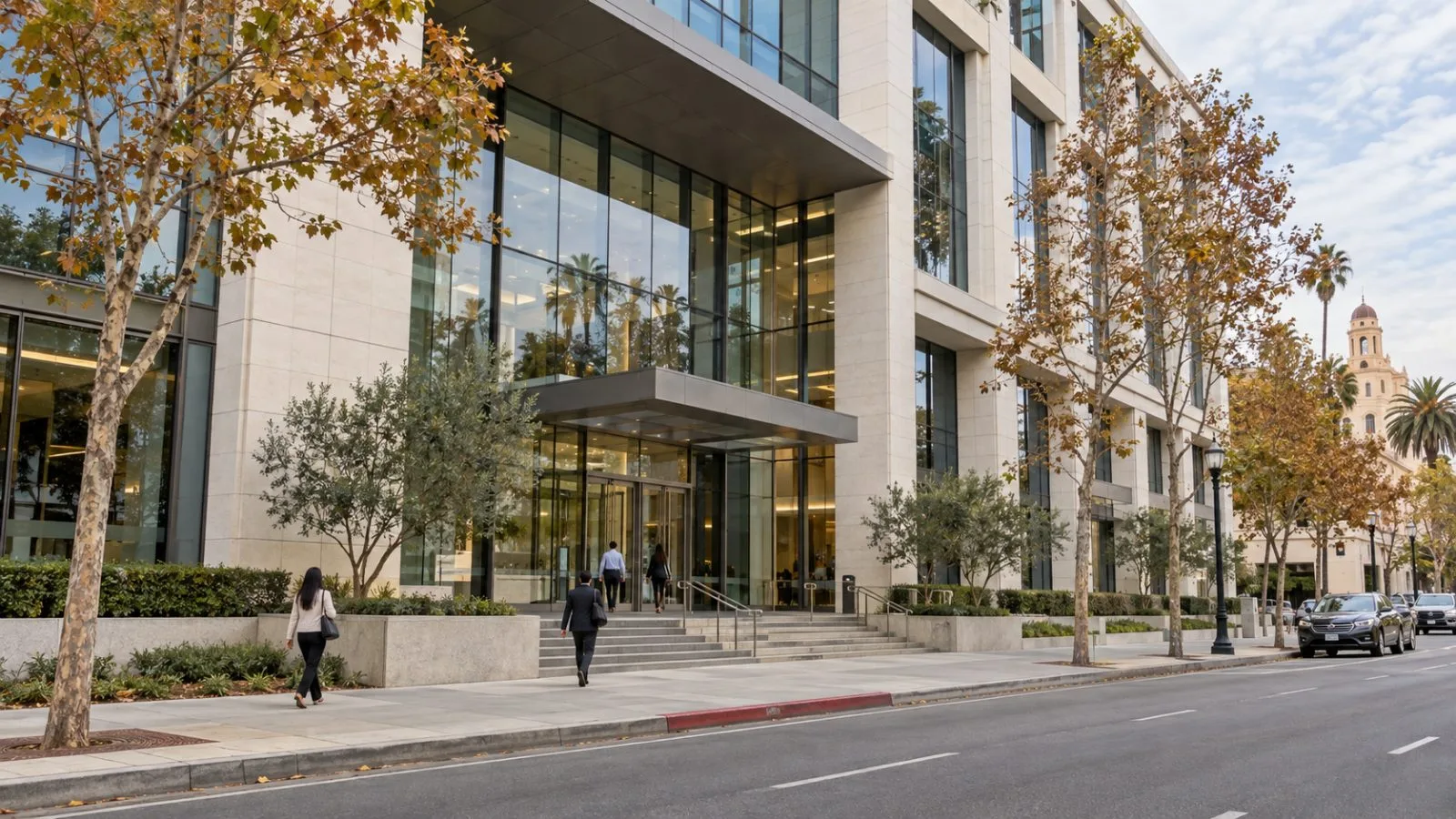 Pedestrians pass East West Bank's headquarters in Pasadena, California. (AI-generated image / EconoTimes)
