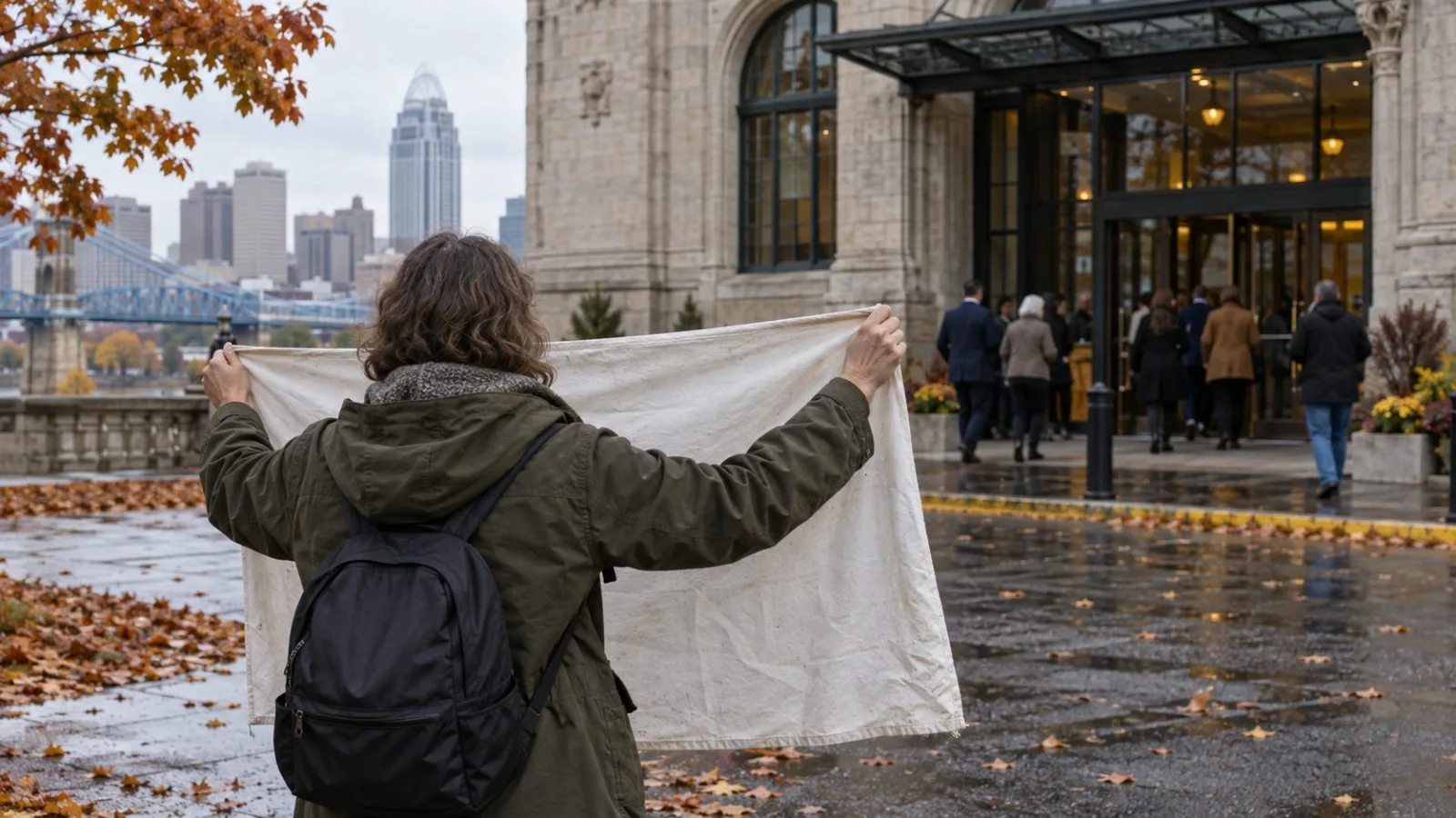 A protester holds a banner outside a campaign stop in Cincinnati, Ohio. (AI-generated image / EconoTimes)