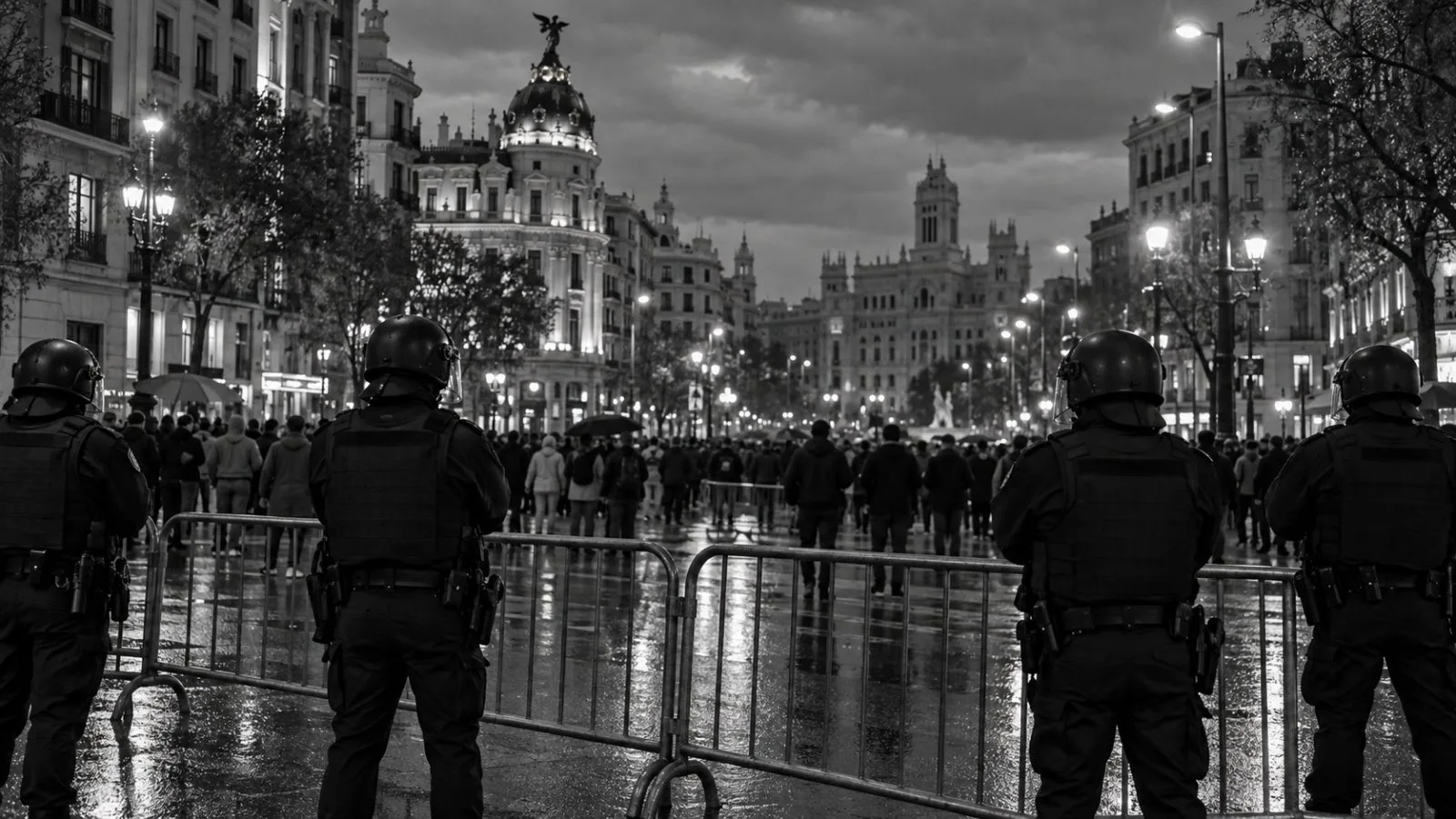 Police officers face a blurred crowd during a demonstration in Madrid, Spain. (AI-generated image / EconoTimes)