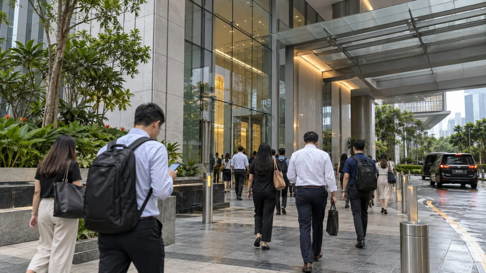 Office workers enter Sea Limited's headquarters in Singapore on an overcast afternoon. (AI-generated image / EconoTimes)