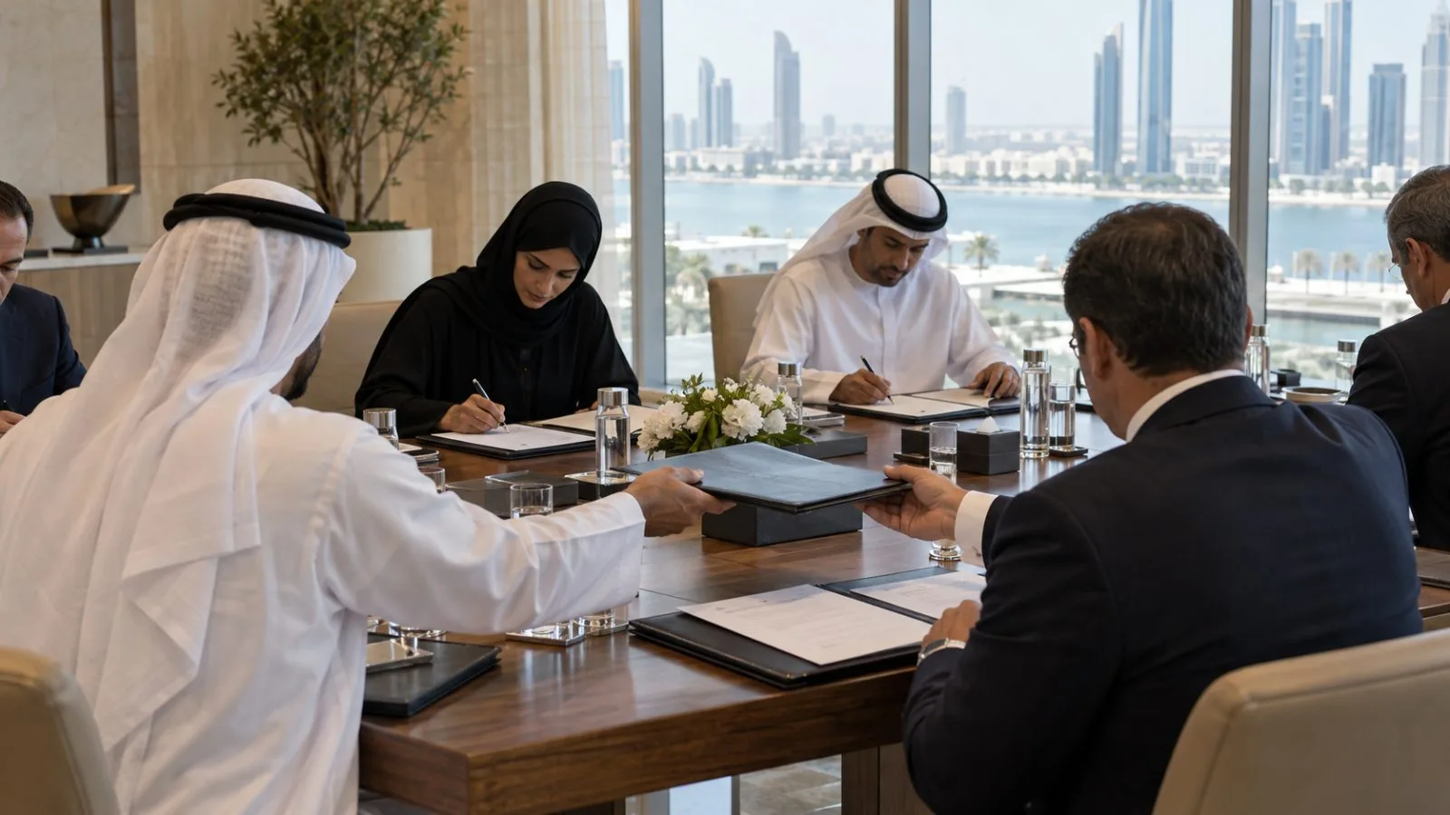 Delegates sign energy and artificial intelligence agreements during a business dialogue in Abu Dhabi. (AI-generated image / EconoTimes)