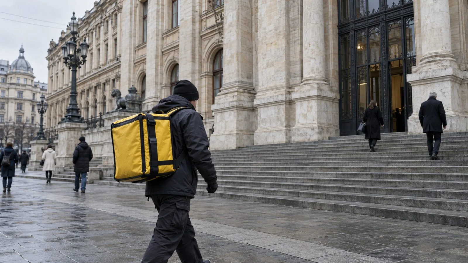 A delivery courier walks past a courthouse in Bucharest, Romania (AI-generated image / EconoTimes)