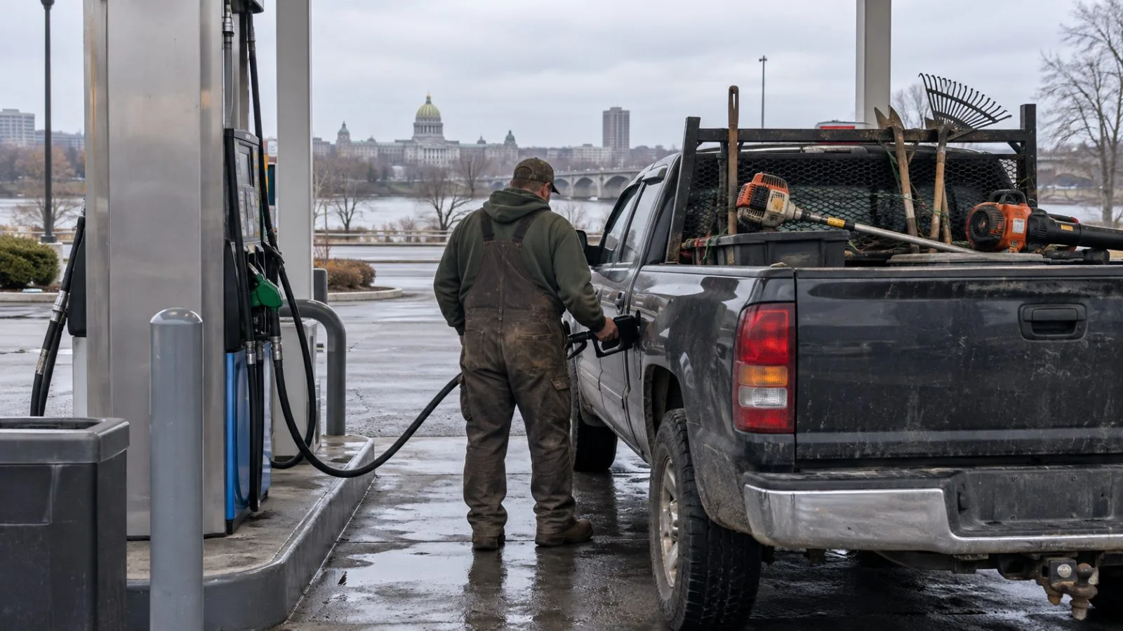 A worker refuels a landscaping truck at a gas station in Harrisburg, Pennsylvania. (AI-generated image / EconoTimes)