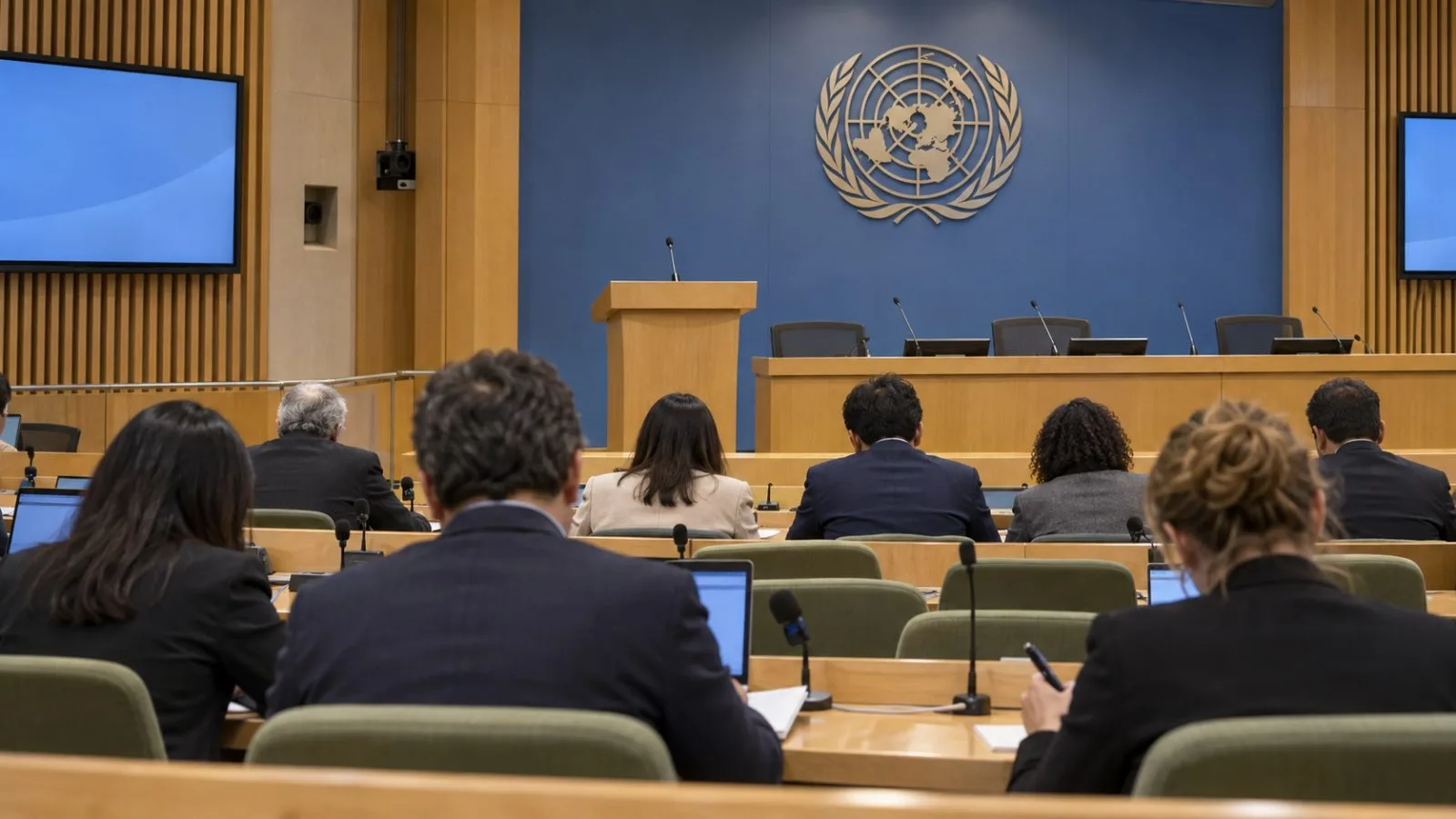 Journalists attend a news conference at United Nations Headquarters in New York. (AI-generated image / EconoTimes)
