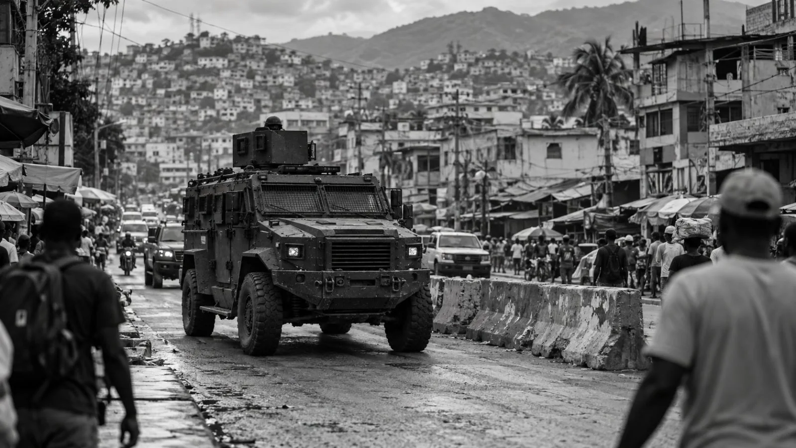 A police armored vehicle passes a roadside checkpoint in Port-au-Prince, Haiti (AI-generated image / EconoTimes)