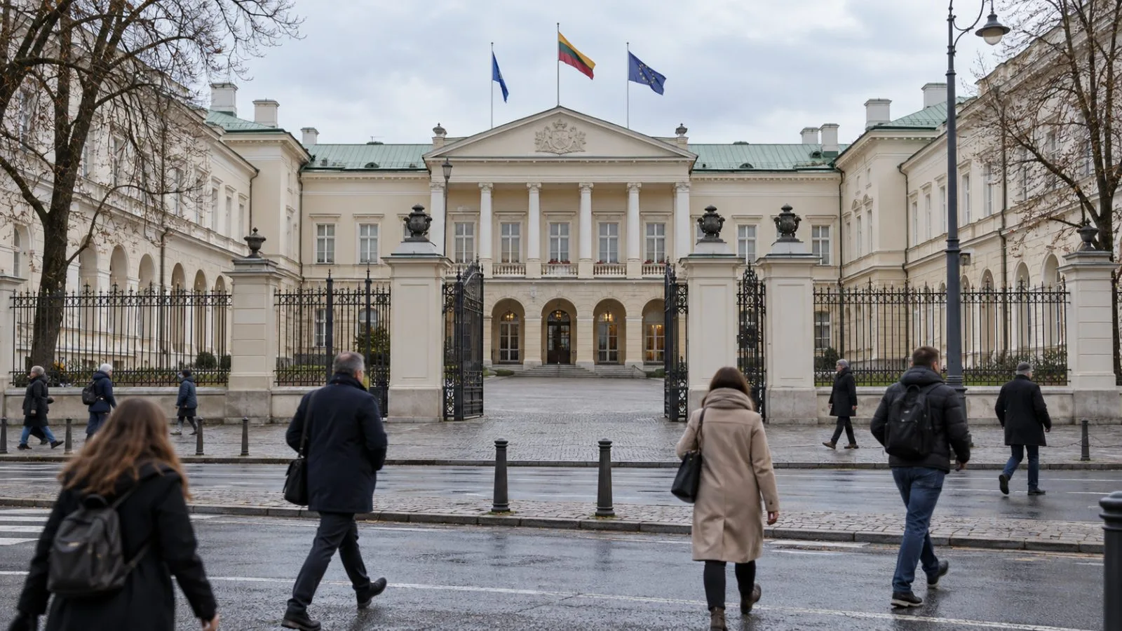 The Presidential Palace courtyard stands beneath overcast skies in Vilnius, Lithuania. (AI-generated image / EconoTimes)