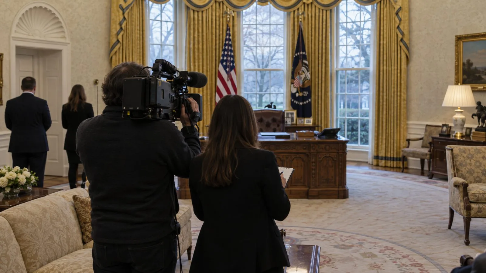 A television crew and still photographers work inside the Oval Office in Washington, D.C. (AI-generated image / EconoTimes)