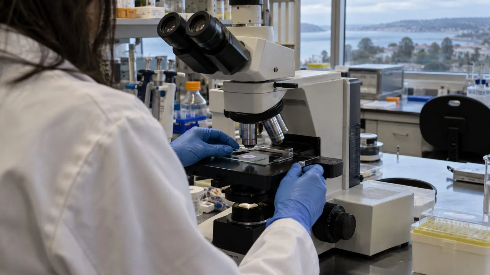 A researcher positions a mouse-brain slide beneath a microscope at Scripps Research in La Jolla. (AI-generated image / EconoTimes)