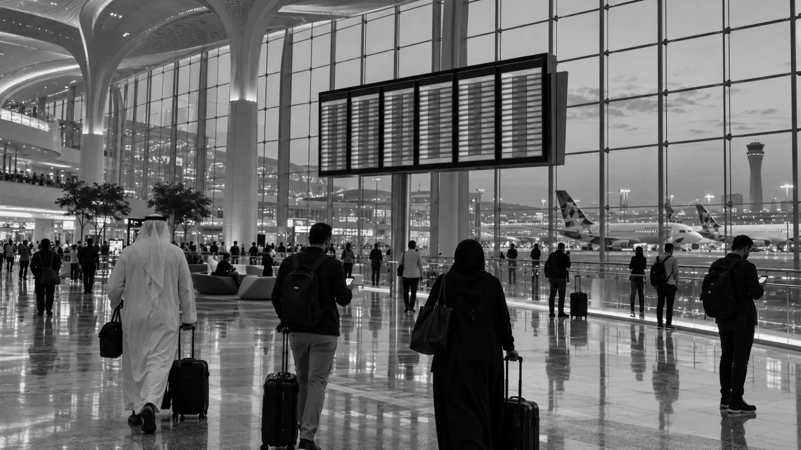 Travelers check a departures display at Zayed International Airport in Abu Dhabi, United Arab Emirates. (AI-generated image / EconoTimes)