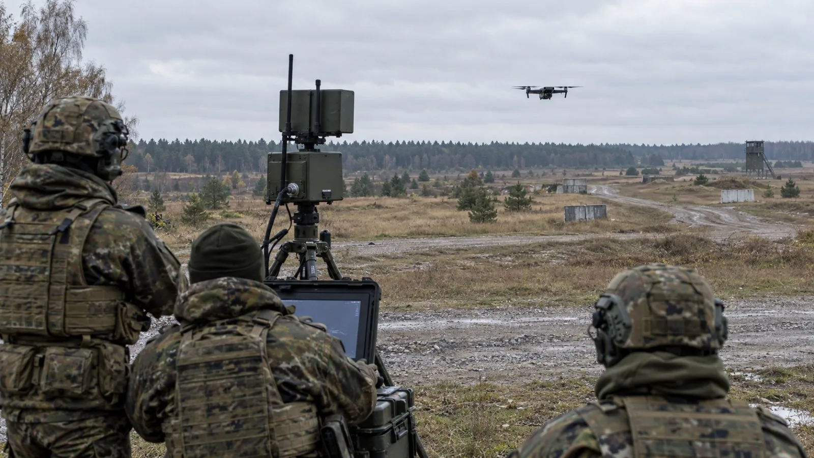 A Bundeswehr counter-drone sensor tracks a quadcopter during field training near Berlin, Germany. (AI-generated image / EconoTimes)