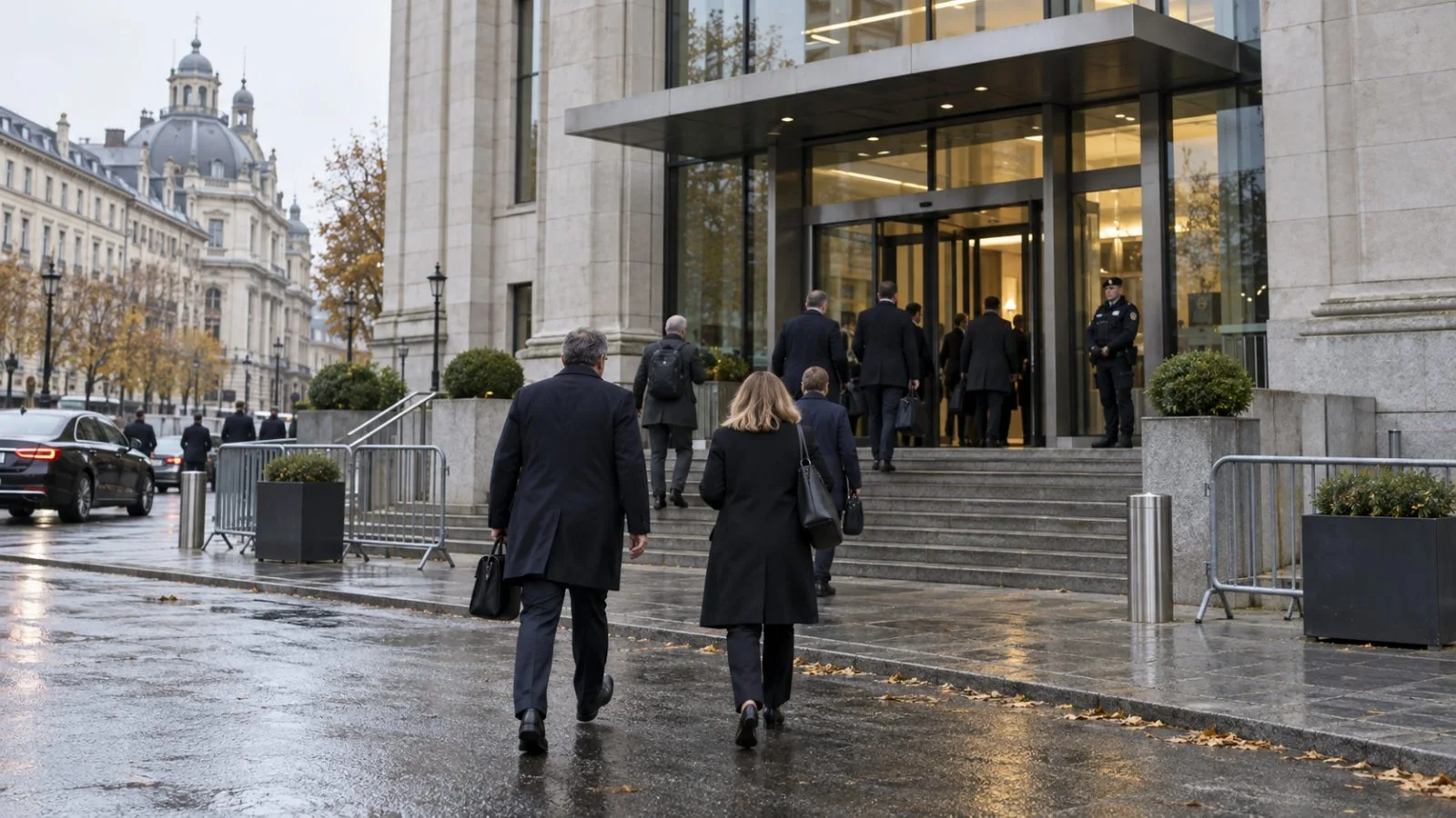 People enter a government meeting venue in Brussels under an overcast sky. (AI-generated image / EconoTimes)