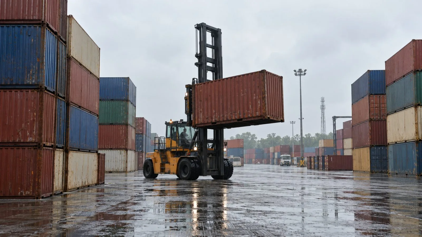 A forklift moves a container at the Inland Container Depot in New Delhi, India. (AI-generated image / EconoTimes)