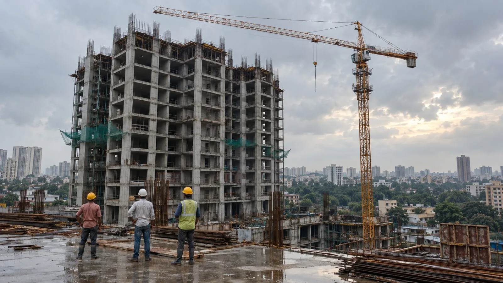 Workers inspect a concrete residential tower under construction in Bengaluru, India. (AI-generated image / EconoTimes)