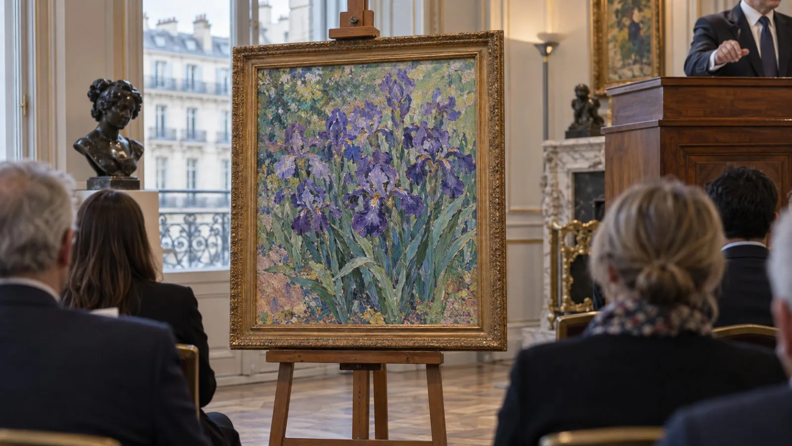 A framed floral painting stands on an easel inside a Paris auction room. (AI-generated image / EconoTimes)