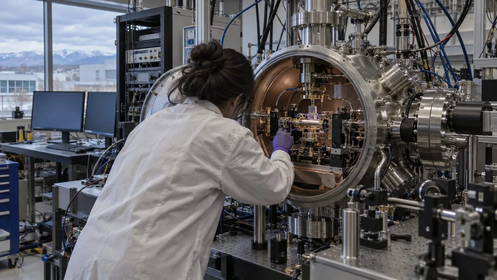 An enclosed quantum computer and optical equipment stand inside a Broomfield, Colorado, laboratory. / EconoTimes.ai
