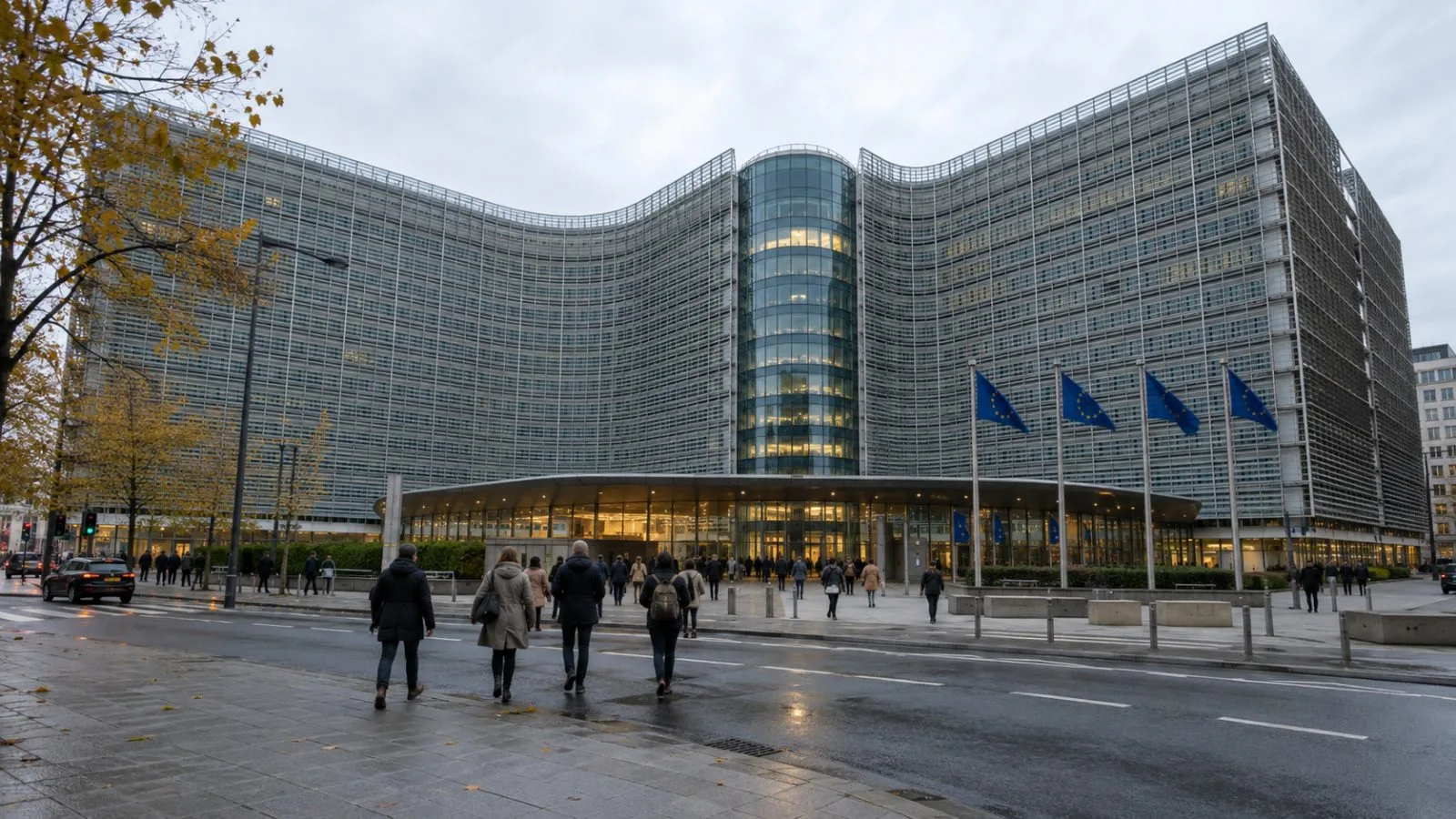 Pedestrians pass the Berlaymont building in Brussels under an overcast sky. (AI-generated image / EconoTimes)
